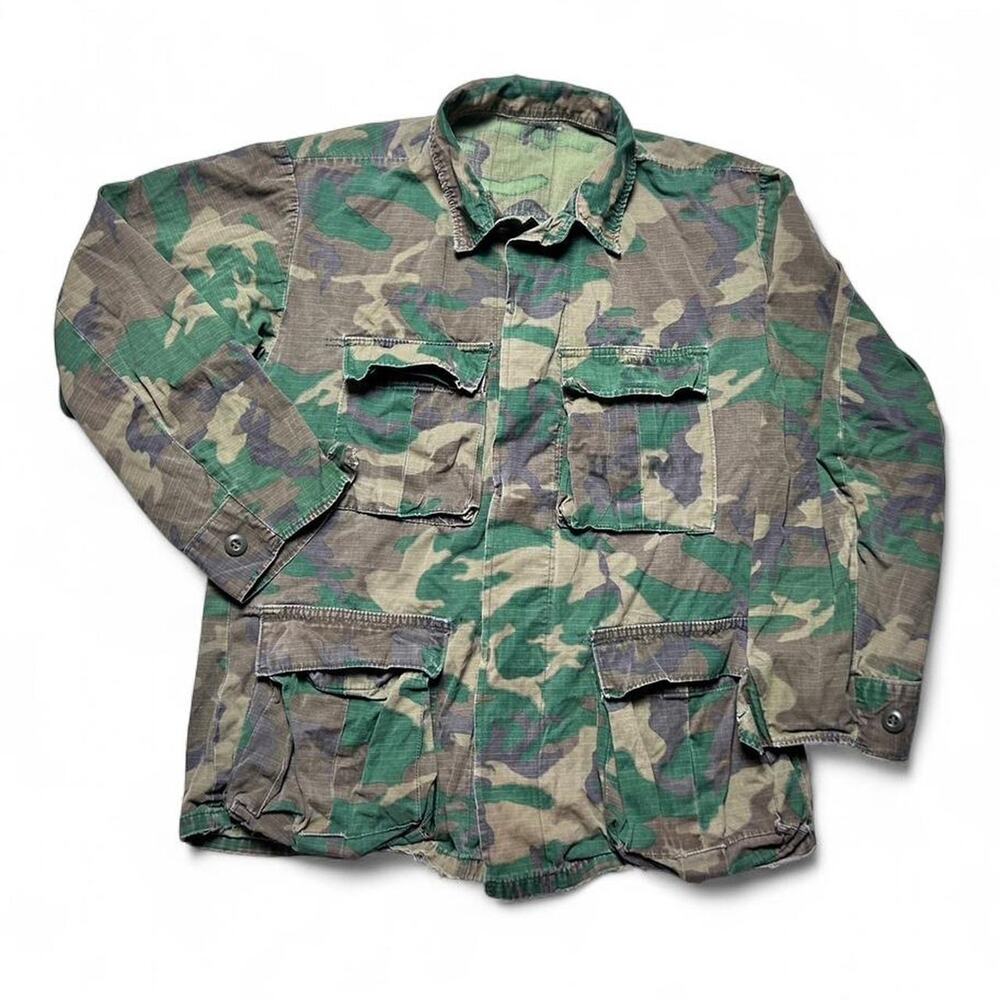 US Marines USMC Stencil Vintage 70s Tropical Combat Coat ERDL Camo Jacket XS